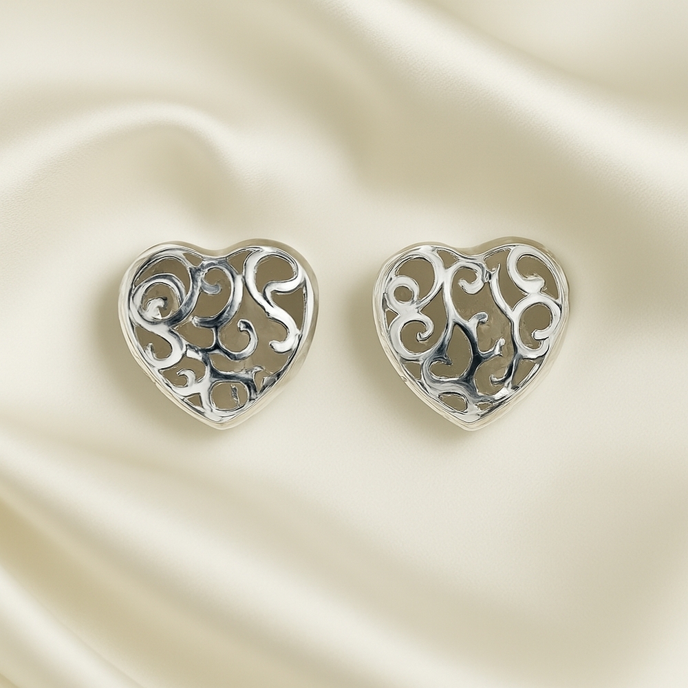 Polished Silver Heart Filigree Stud Earrings – Hypoallergenic Romantic Jewelry
